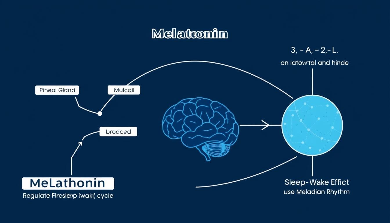 Diagram showing how melatonin is produced in the pineal gland and affects the sleep-wake cycle